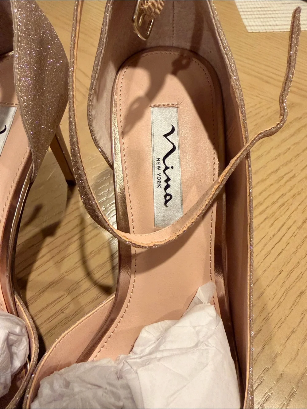 Nina NY Rose Gold Glitter Platform Peep Toe Stiletto Heels